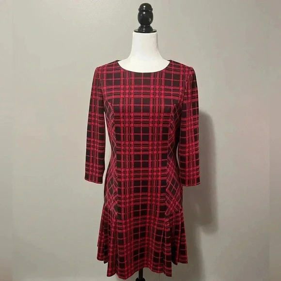 Tahari ASL Levine Red Plaid 3/4 Sleeve Pleated Hem Drop Waist Dress - Picture 3 of 13